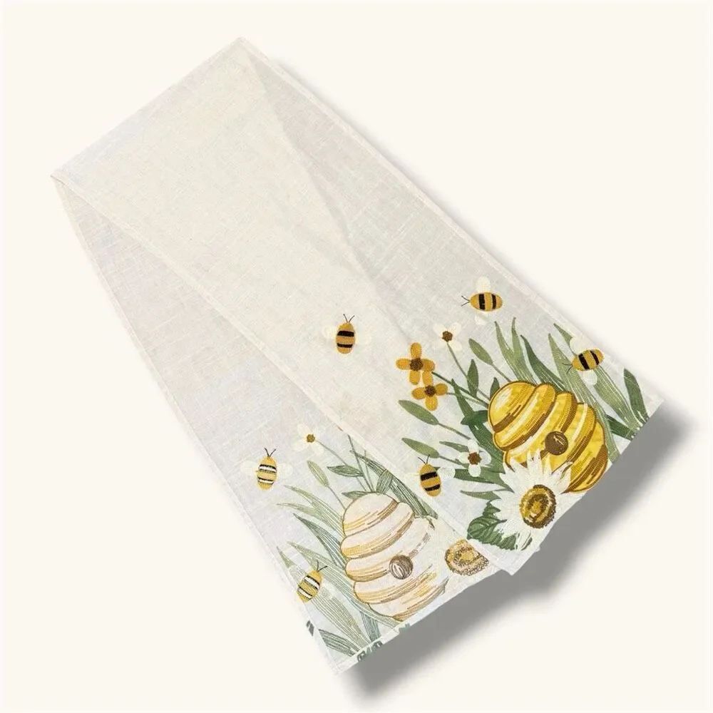 Vintage Embroidered Embroidery Cream Linen Tan Floral Bee Bumblebee Table Runner